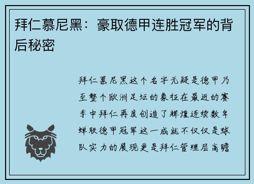 拜仁慕尼黑：豪取德甲连胜冠军的背后秘密